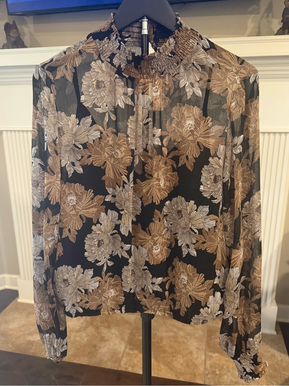 Express Black Floral Smocked-Neck Long-Sleeve Blouse